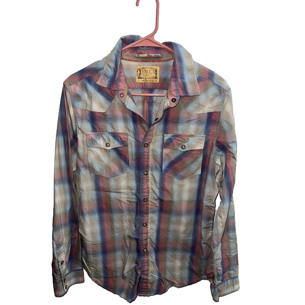 An American Brand Women's S Snap Front Pink Blue Checked Cowgirl Horse Top